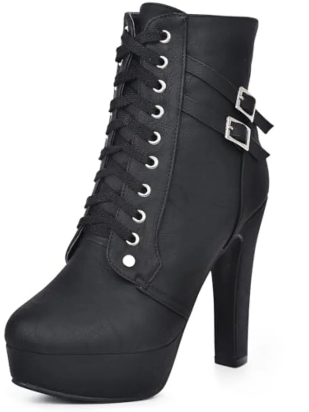 Women's Block Heel Booties Round Toe Lace Up Zip Closure PU Leather